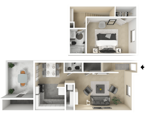 Floor plan for 1 bed, 1.5 baths, 870 sqft